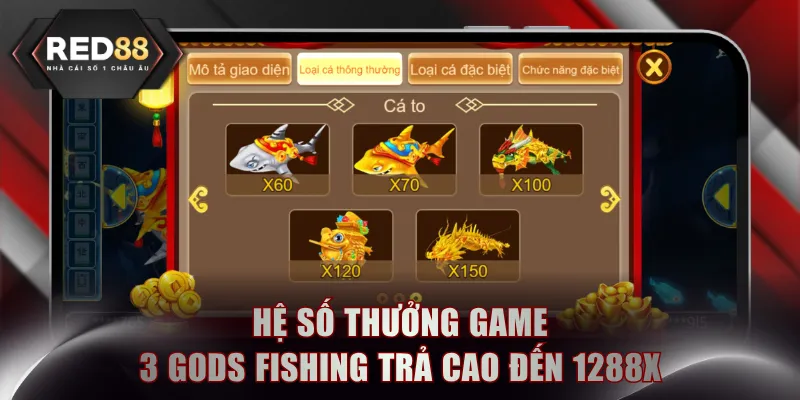 Hệ số thưởng game 3 Gods Fishing trả cao đến 1288x